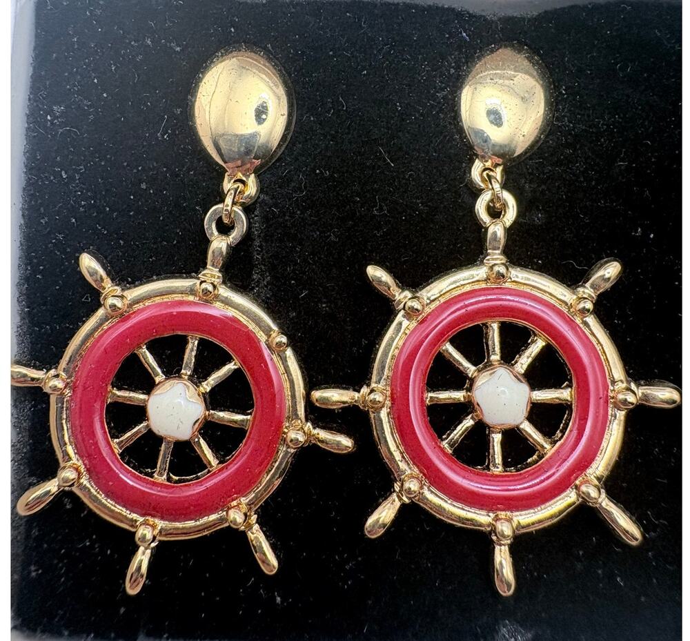 Avon "Ship to Shore" Pierced Earrings in Gold Tone with Red and White Accents